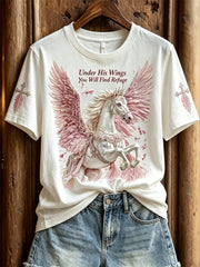 Women's Under His Wings You Will Find Refuge Classy Horse with Wings & Cross Print short-sleeved T-shirt