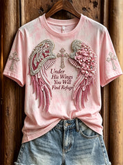 Women's Under His Wings You Will Find Refuge Classy Wings & Cross Print short-sleeved T-shirt