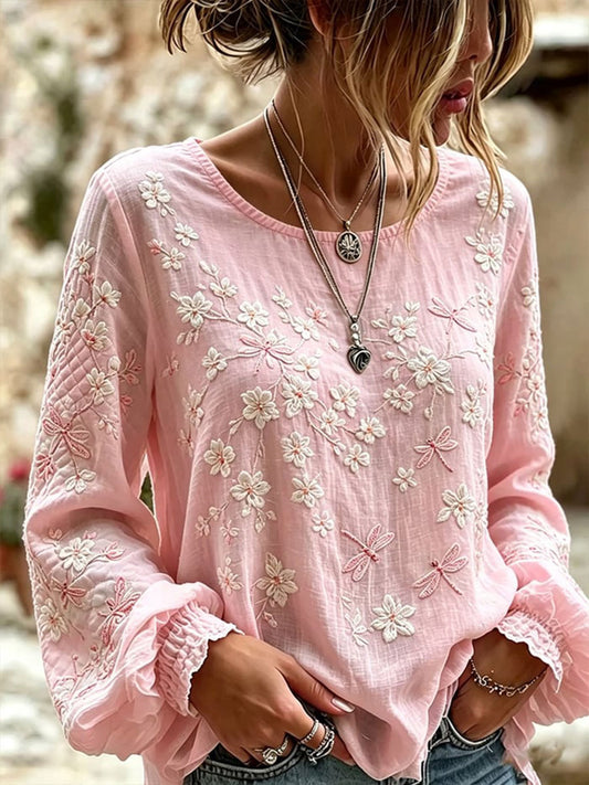 Women's Dragonfly Flowers Cotton-Linen Shirt