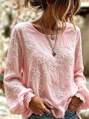Women's Dragonfly Flowers Cotton-Linen Shirt