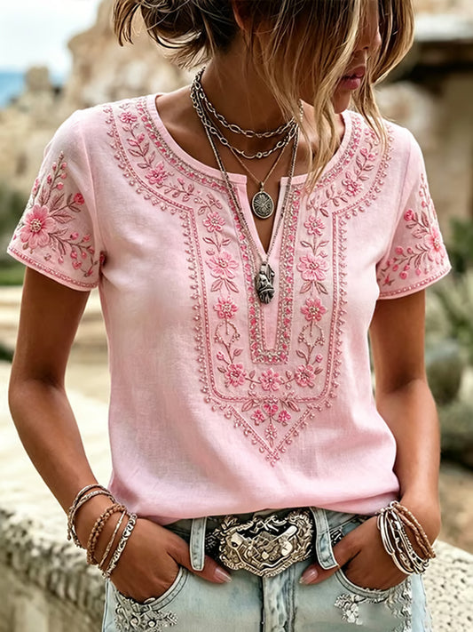 Women's Pink Floral Print Breast Cancer Awareness Suppor Cotton-Linen Shirt