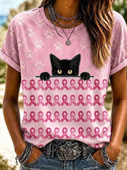 Women's Pink Ribbon Cat Short-sleeved T-shirt
