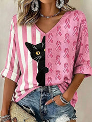 Women's Breast Cancer Ribbon Cat Print Mid-length Sleeves V-Neck T-Shirt