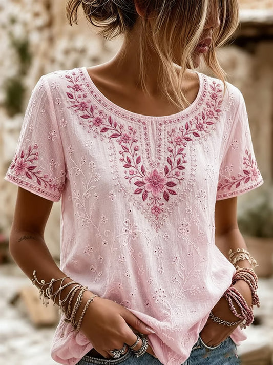Women's Pink Floral Print Breast Cancer Awareness Support Short Sleeve T-shirt