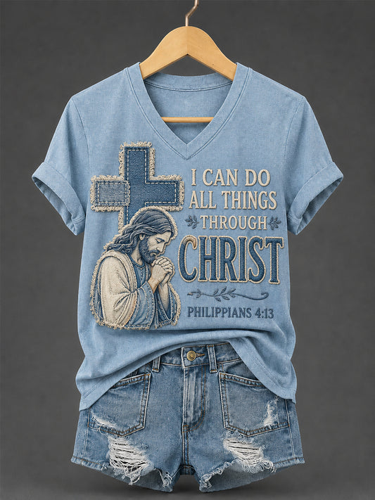 Women's I Can Do All Things Through Christ Print Casual V-Neck Tee