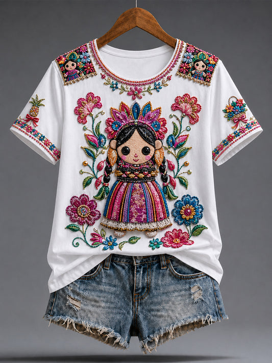 Women's Mexico Guelaguetza Lele Doll Art Printed T-shirt