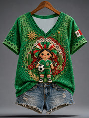 Women's Mexico Football Lover Lele Doll Art Printed T-shirt