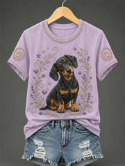 Women's Retro Floral Dog Print Casual Tee