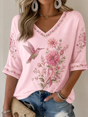 Women's Pink Floral & Hummingbird Print Breast Cancer Awareness Support Half-Sleeves V-Neck T-Shirt