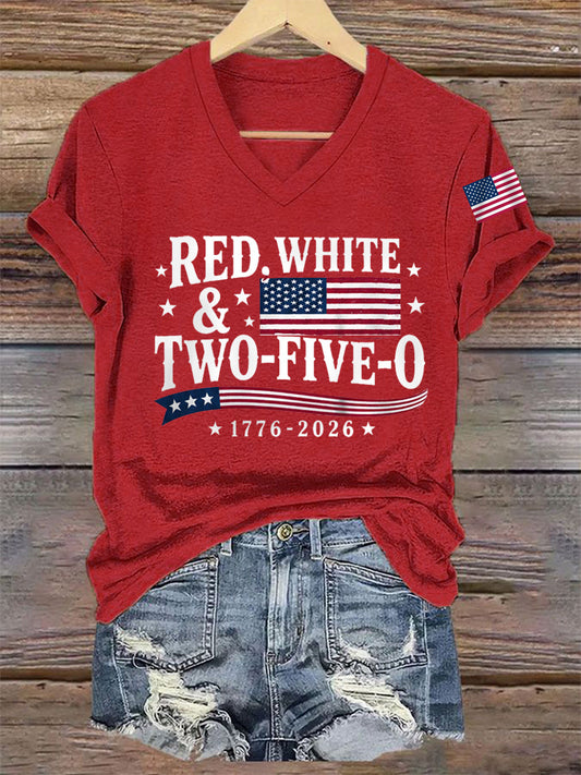 Women's Red White Two-Five-O USA Flag Print Casual Patriotic V-Neck Tee