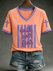Women's Christian FAITH OVER FEAR Cross Printed Short Sleeve T-shirt