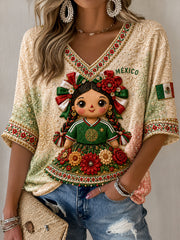 Women's Mexico Football Lover Lele Doll Art Printed T-shirt