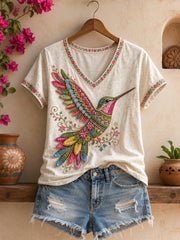 Women's Mexico Guelaguetza Hummingbird Art Printed Linen T-shirt
