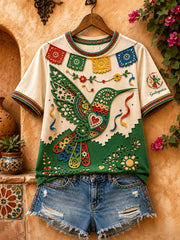 Women's Mexico Guelaguetza Hummingbird Art Printed Linen T-shirt