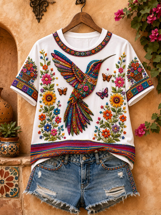 Women's Mexico Guelaguetza Hummingbird Art Printed Linen T-shirt
