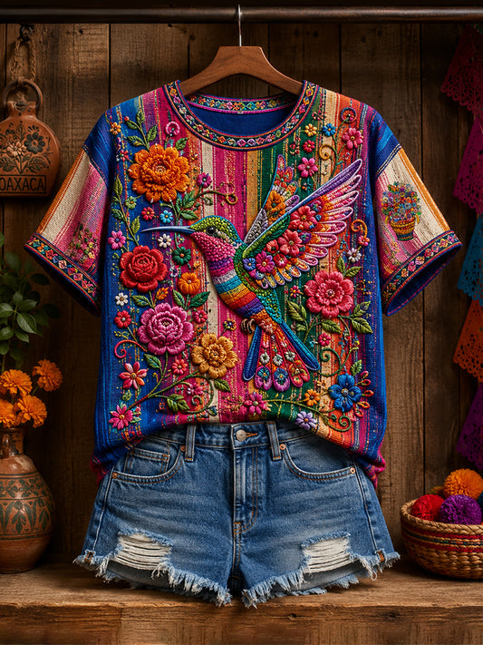 Women's Mexico Guelaguetza Hummingbird Art Printed Linen T-shirt