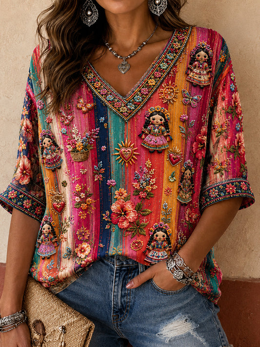 Women's Mexico Guelaguetza Lele Doll Art Printed Linen T-shirt