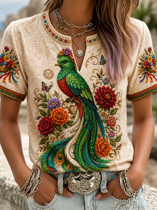 Women's Mexico Guelaguetza Resplendent Quetzal Art Printed Linen T-shirt
