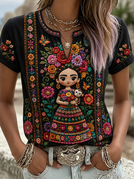 Women's Mexico Guelaguetza Lele Doll Art Printed Linen T-shirt