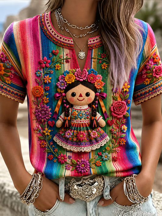Women's Mexico Guelaguetza Lele Doll Art Printed Linen T-shirt