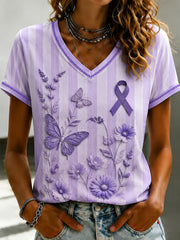 Women's Purple Flora Art Printed V-neck T-shirt