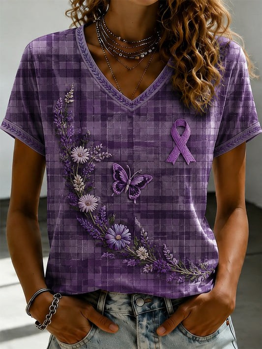 Women's Purple Flora Art Printed V-neck T-shirt