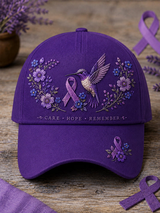 Unisex Purple Floral & Hummingbird Print Alzheimer's Awareness Support Hat