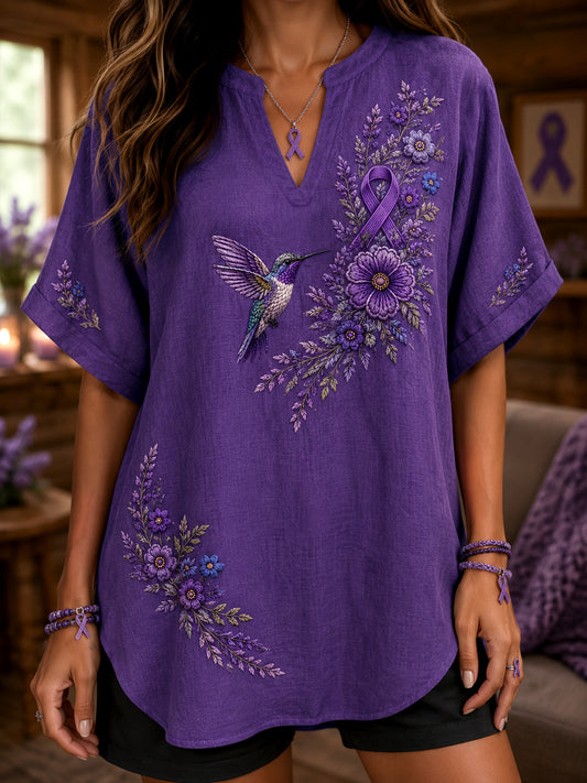 Women's Purple Floral & Hummingbird Print Alzheimer's Awareness Support V-Neck Shirt
