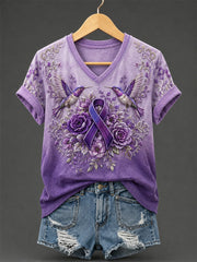 Women's Purple Floral & Hummingbird Print Alzheimer's Awareness Support V-Neck Tee