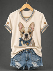 Women's Retro Patchwork Dog Print V-Neck Tee