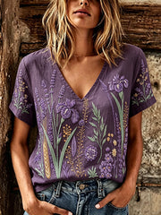 Women's purple plant flower pattern printed casual linen short-sleeved T-shirt