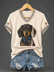 Women's Retro Patchwork Dog Print V-Neck Tee