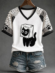 Women's Fun Black Cat Casual Print T-shirt