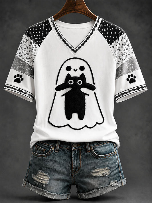 Women's Fun Black Cat Casual Print T-shirt