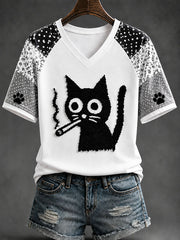 Women's Fun Black Cat Casual Print T-shirt
