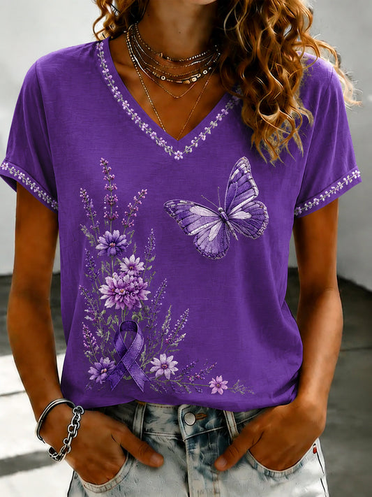 Women's Purple Flora Art Printed V-neck T-shirt