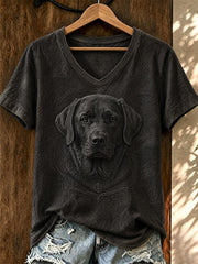 Women's Art Dog Printed V-neck T-shirt
