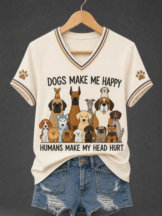 Women's Funny Dogs Make Me Happy Humans Make My Head Hurt Print Dog Lovers Gift Casual Tee