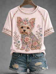Women's Floral Dog Print Casual Tee