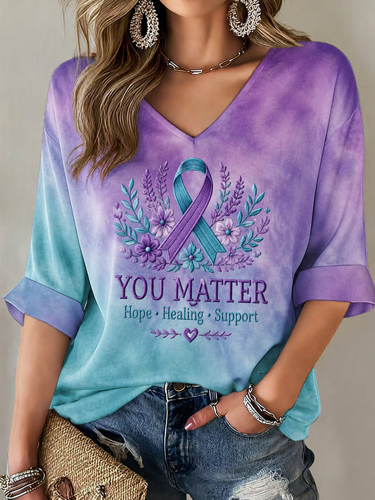 Women's Suicide Prevention Awareness Mid-length Sleeves V-Neck T-Shirt