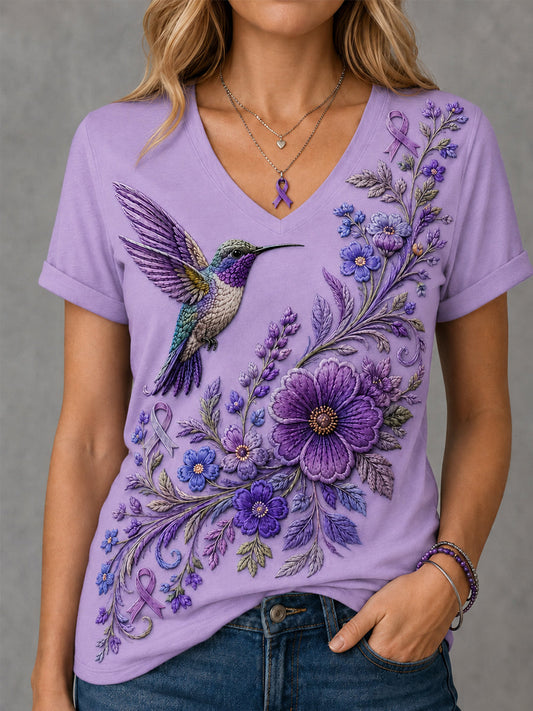Women's Purple Floral & Hummingbird Print Alzheimer's Awareness Support V-Neck Tee