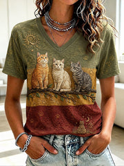 Women's Cat Printed V-neck T-shirt
