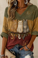 Women's Cat Printed Mid-length Sleeves V-neck T-shirt