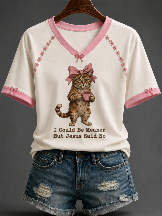 Women's Cat V-neck Off-shoulder Short-sleeved T-shirt