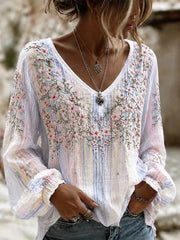 Women's Breast Cancer Flowers Print Cotton-Linen Shirt