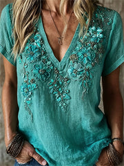 Women's Vintage Western Turquoise Floral Print linen short-sleeved T-shirt