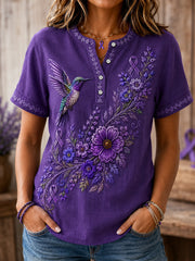 Women's Purple Floral & Hummingbird Print Alzheimer's Awareness Support Button Shirt