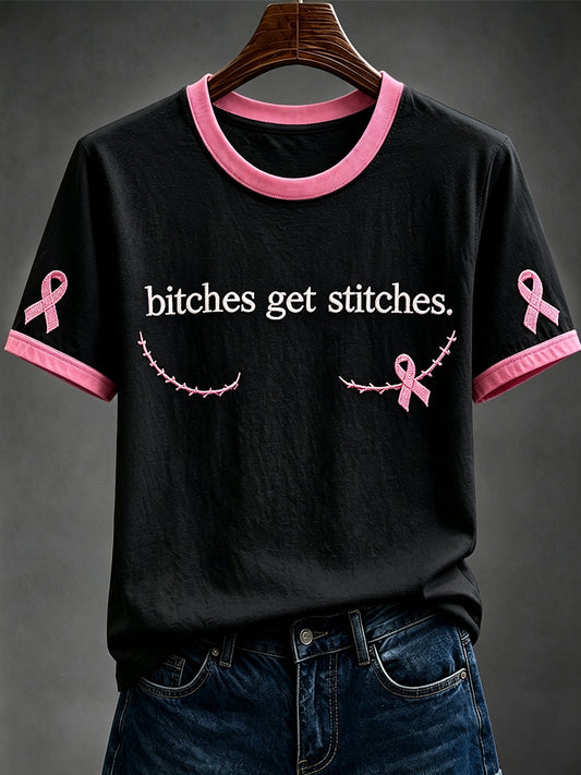Women's Pink Ribbon Breast Cancer Awareness Art Print Short-sleeved T-shirt
