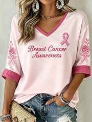 Women's Breast Cancer Awareness Main Pattern Printed Mid-length Sleeves V-Neck T-Shirt
