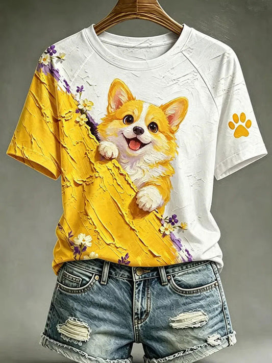 Women's Dog Art Print Casual T-Shirt
